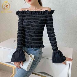 Ruffled Sexy Off Shoulder Flare Long-Sleeved Shirt Women Spring Slim Bottoming Tops 210520