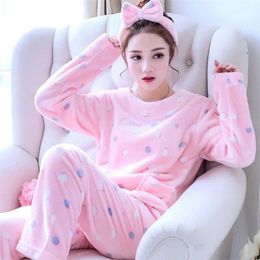 Women's Pajamas Winter Flannel Warm Long-sleeved Sleepwear Thick Coral Fleece Two Pajamas Night Wear Women Set Pijama for Winter 211211