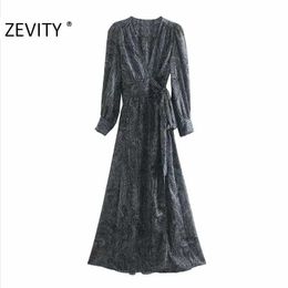 ZEVITY women vintage cross v neck totem flower print bow sashes long dress female long sleeve kimono vestido chic dresses DS4472 210603