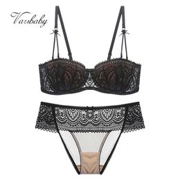 Varsbaby 2Pcs Women Sexy Half Cup Ultra-Thin Lace Bra+Panty Underwear Set 211104