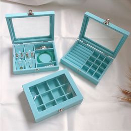 Small Blue Velvet Carry Case With Glass Lid Jewellery Ring Display Stand Storage Box Holder Organiser Ring Earrings