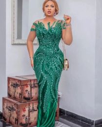 Elegant Green Aso Ebi Evening Dresses 2022 Short Sleeves Mermaid Satin Beaded Sexy Tassels Back With Slit Formal Party Gowns CG001