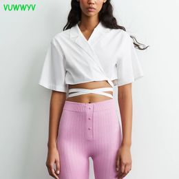 VUWWYV White Crop Top Women Summer Fashion High Street Wrap Woman Tops Short Sleeve Casual Tie Hem Streetwear Blouses 210430