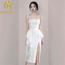 Runway Dress Summer Women Ruffles Hollow Out Flower Lace Spaghetti Strap Sexy Ladies Sleeveless Strapless Split Party 210506