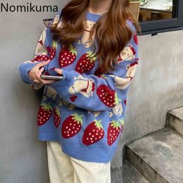 Nomikuma Strawberry Sweater Women O Neck Long Sleeve Sweet Knitted Pullovers Autumn Casual All-match Jumpers Tops 3d350 210514