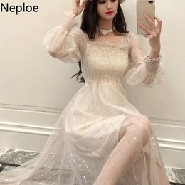 Neploe Sweet Dress Women Elegant Gauze Vestidos Mujer Spring Ruffles Cute Robe Square Collar Pleated Slim Temperament Dresses 210422