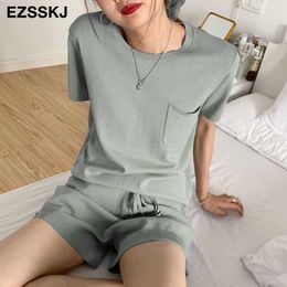 2021 casual oversize Knitted Tracksuit women knit camisole +shorts 2 Pieces knit Set female chic loose t-shirt + shorts suits Y0702