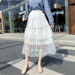 2021 summer new fashion and elegant white gauze skirt lace mesh mid-length cake skirt female pleated casual lace skirt X0428