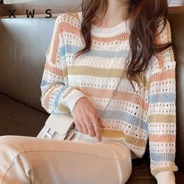 Sexy Hollow-Out Autumn Sweater Female Loose Casual Long Sleeve O Neck Strip Kint Loose Oversized Pullover Female Jumper 210604