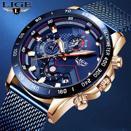 Relogio Masculino LIGE Blue Casual Mesh Belt Fashion Quartz Gold Watch Mens Watches Top Brand Luxury Waterproof Clock 210527