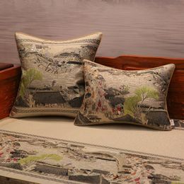 Cushion/Decorative Pillow Chinese Vintage High Precision Jacquard Case Back Cushion Cover Retro Riverside Scene