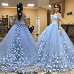 sweet 15 16 quinceanera dresses UK - Cinderella Baby Blue Quinceanera Dresses With Handmade Flower Florals Off The Shoulder Ball Gown Prom Dress Sweet 16 Engagement Recepition Vestidos 15 anos
