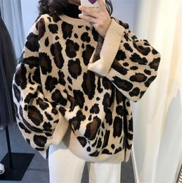 Women Sweater Autumn Winter O-Neck Leopard Print Oversized Sweater Loose Knit Sweater Casual Pullover Plus Size jumper sweter 35 X0721