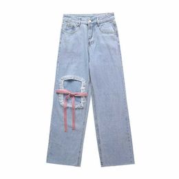 Denim Ripped Jeans Women Fashion Design Lace Trim Hole with pink bow Trousers High Waist Chic Lady Y2K Pants Pantalon 210709