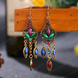 Ethnic Oxidized Green Beaded Indian Earrings Jhumka Vintage Gold Metal Flower Carved Dangle Earrings Women