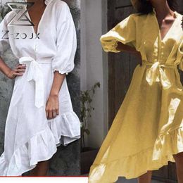 Women Dress V-Neck Ruffles Puff Sleeve Bandage White Yellow Dresses Asymmetry Plus Size Cotton Clothes 210524