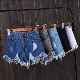 Korean BF Summer Wind Female Sexy High Waist Denim Shorts Women Worn Loose Burr Hole Jeans Plus Size 210714