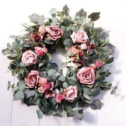 22inch Artificial Light Coffee Roses Front Door Wreath Handcrafted Wreath for front Door Outdoor Home Wall Party Dropshipping Q0812