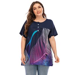 6XL Plus Size Pritn T-shirts Women Summer Short Sleeve Tee Shirt Female Casual Loose Tshirt Button Ladies Tops 210720