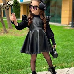 ZAFILLE Girl's Party Dress Summer Autumn Fake Leather Dress Ruffles Backless Children Dresses Kids Toddler Clothes Girls Q0716