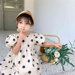 Summer New Girls Short Sleeve Princess Dress Kids Polka Dot Suit Toddler Baby Cotton Clothing Puff Sleeve Girl Aline Dress 210317