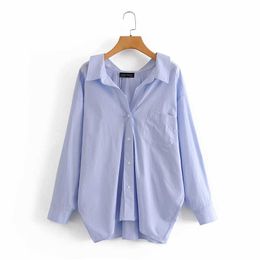 Evfer Women Casual Za Blue Loose Poplin Shirts Oversize Tops Ladies Fashion Long Sleeve Single Breasted Turn-down Collar Blouse 210721