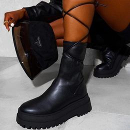Fashion Mid Calf Martin Boots Pointed Toe Antiskid Slugged Bottom Shoes Women Chunky PU Heels Black Colors Solid Short Booties