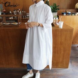 Celmia Women Shirt Dress Vintage Autumn Long Sleeve Lapel Buttons Casual Loose Midi Dress Irregular Fashion Vestidos Plus Size T200416