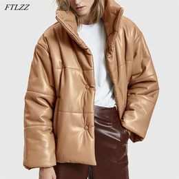 Women Winter Fashion PU Faux Leather Coats Elegant Solid Cotton Jackets High Imitation Warm Thick Parkas 210430