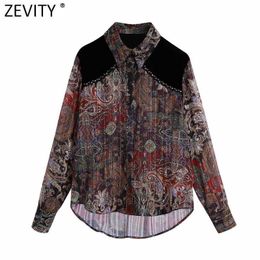 Zevity Women Vintage Velvet Patchwork Print Chiffon Smock Blouse Office Lady Rivet Design Retro Shirts Chic Blusas Tops LS7407 210603