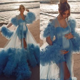 Illusion Sexy Women Blue Tulle Evening Dress Full Sleeves Outfit See Thru Ruffles Puffy Custom Made Party Gowns