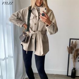 Winter Jacket Women Loose Single Breasted Coat with Belt Streetwear Thick Warm Beige Woollen Chic Outwear 210430