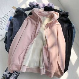 Winter Sweatshirt Women Movement White Tops Hooded Plus Velvet Thick Zipper Up Hoodie Casual Oversized Black Gray Woman Clothes 211013