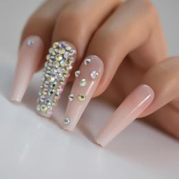 False Nails Nail Art 3d Rhinestones Press On Coffin Pre Design Extra Long Tips Display Ombre Fake Nude Pink Artificial