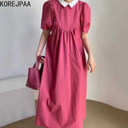 Korejpaa Women Dress Korea Chic Summer Gentle Rose Color Doll Collar Stitching Loose Ruffled Bubble Sleeve Long Vestido 210526