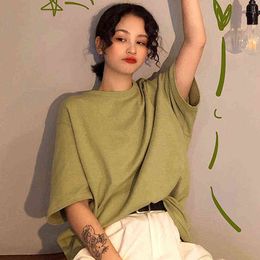 Harajuku Summer oversized long T-Shirt 7 Solid Color Basic T-shirts Women Casual Unisex Tops Korean Hipster green White T Shirt G220310