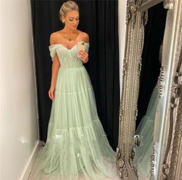 Light Mint Green Tulle Long Prom Dresses Off Shoulder Sleeves Sweetheart Evening Gowns Custom Made217z