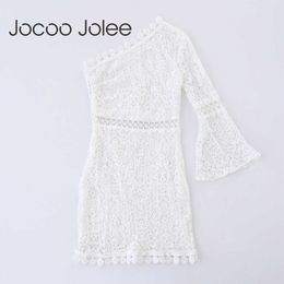 Jocoo Jolee Sexy One Side Women Lace Knee-Length Dress Summer Flare Long Sleeves Hollow Out Dress Empire Vacation Dressing 210619