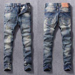 Italian Style Fashion Men Jeans Retro Blue Elastic Slim Ripped Embroidery Designer Vintage Stretch Casual Denim Pants D58Q