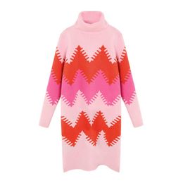 PERHAPS U Women Knitted Turtleneck Long Sleeve Pink Red Patchwork Knee Length Dress Casual Straight Autumn Winter D0827 210529