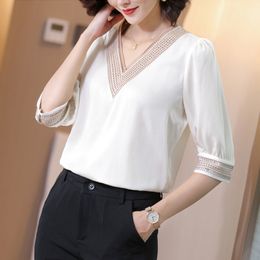 Korean Heavy Silk Women Blouse Shirt Embroidery Tops Plus Size White V-neck Blusas Mujer De Moda 210427