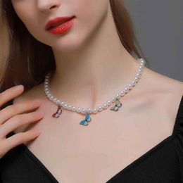 2021 Fashion Costume Jewellery New Charm Pearl Enamel Colourful Butterfly Necklace Femme Collar Choker Necklaces For Women Gift