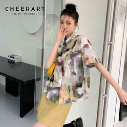 HandPainted Summer Womens Tops And Blouses Short Sleeve Button Up Collared Shirt Colour Block Fashion Designer 210427