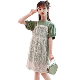 Clothes For Girls Tshirt + Lace Dress Costume Summer Tracksuit Girl Casual Style Children's Tracksuits 6 8 10 12 14 210527