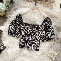 Women's Short-sleeve Shirt Tops Summer European American Style Square Collar Short Zebra Print Waist Blouse ML760 210506