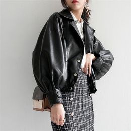 Autumn Women Faux Leather Jacket Fashion Loose Soft Pu Motorcycle Punk Leather Biker Coat For Female Outwear 210916