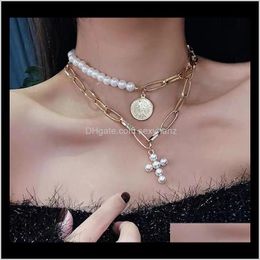 Pendant Necklaces & Pendants Jewellery Three Pearl Cross Layers Short Anomaly Style Necklace Earrings Product With Round Shape And Pattern Who