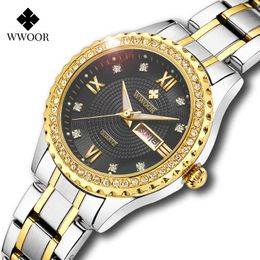 WWOOR Women Watches Brand Luxury Diamond Dress Quartz Ladies Wrist Watch Stainless Steel Bracelets For Female Gift Clock 210616