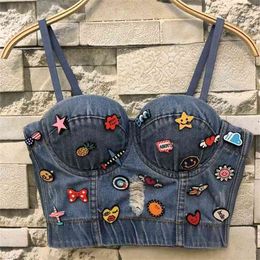 Cowboy Hole Push Up Denim Bustier Crop Top Womens Ripped Sexy Cropped Feminino Strappy Bralette Bras Camis Tops 210527