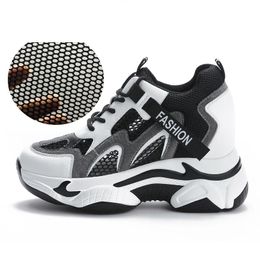 Dress Shoes Wedge Platform Heels Dad Women Sneakers Hollow Air Mesh Summer Pumps 2021 Genuine Leather